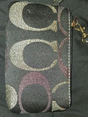 Coach Black Signature Zip Wristlet with Metallic Accents